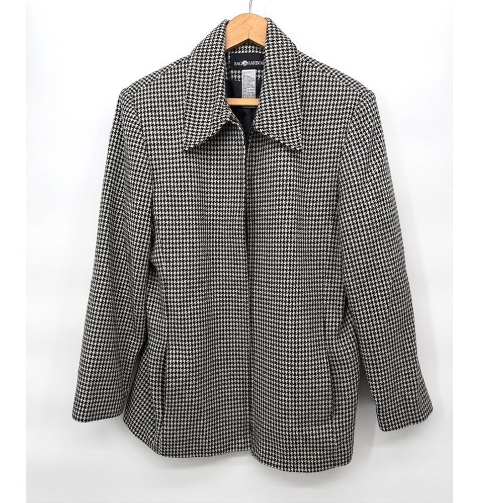 Sag Harbor Houndstooth Wool Blend Zip Up Jacket Vintage Professional Size 14